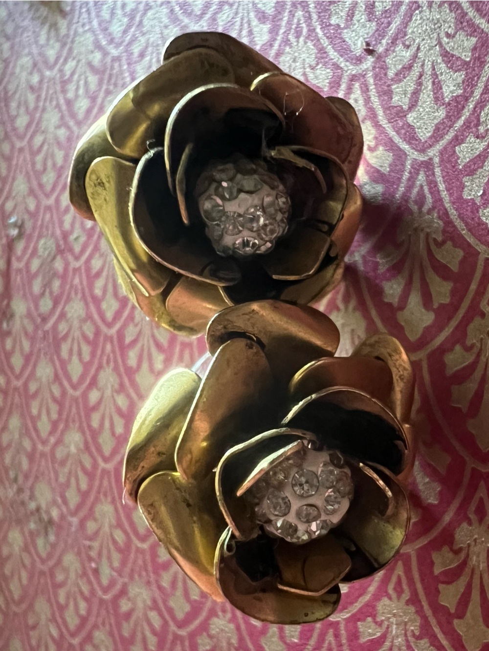 Vintage Floral Earrings in Brass with Rhinestone Centers